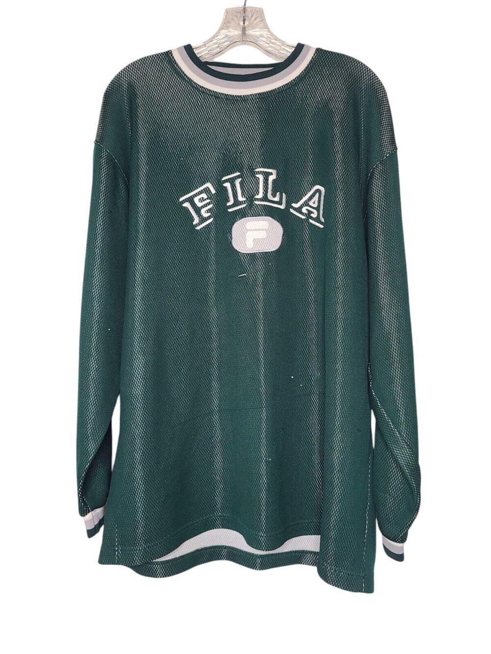 Vintage 90s FILA Jersey Large Teal Green Mesh HIP HOP Streetwear Spellout